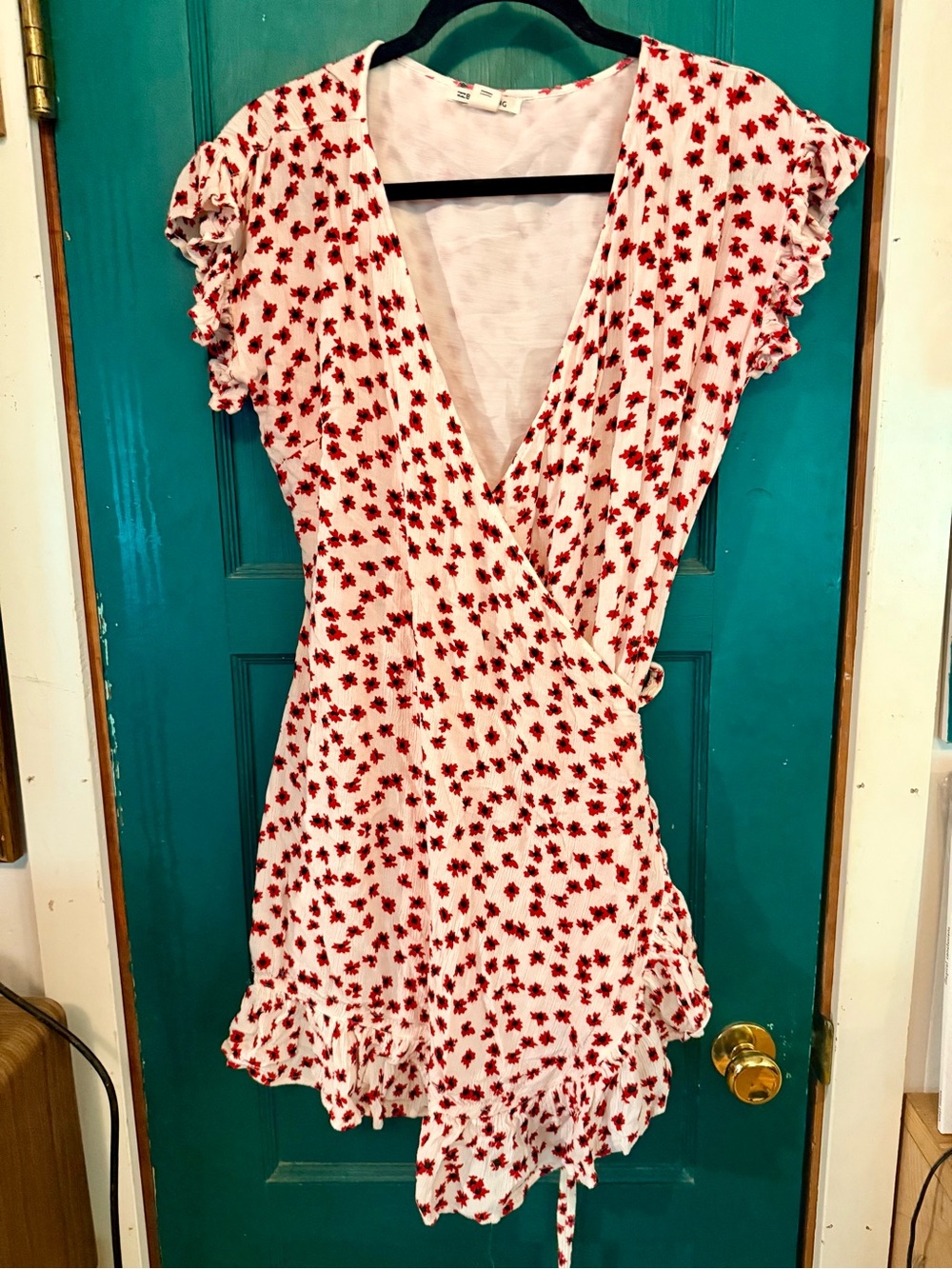 Billabong White Red Floral Wrap Dress with Ruffle Hem